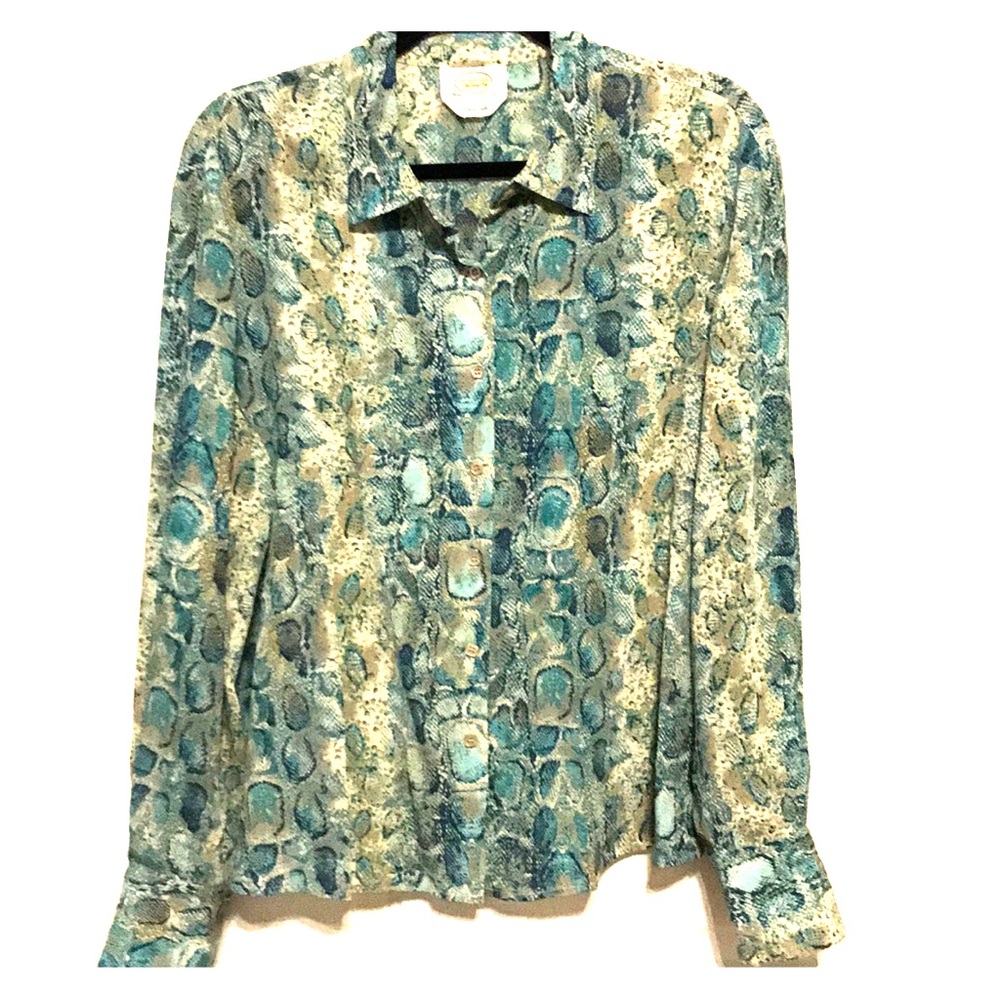Talbots blue/green silk blouse XL long sleeves